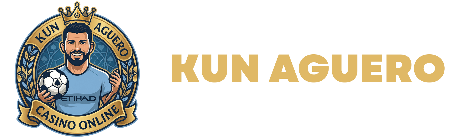 Logo de Casino Kun Aguero: ilustración geométrica del perfil de un hombre con barba y corona en tonos azules, con el nombre del casino en letras doradas