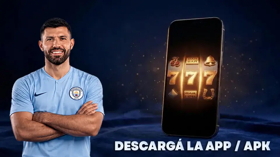 Celular mostrando un juego de tragamonedas: versión app del casino Kun Agüero